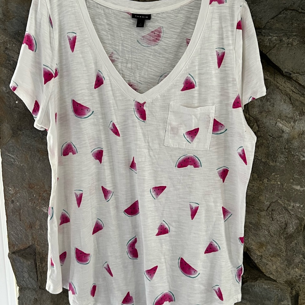 Torrid White V-Neck Tee with Pink Watermelon Print